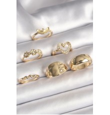 Pirinç Gold Renk Zirkon Taşlı Kalp Figür Çiçek Detay 6'Lı Kadın Yüzük Seti - TJ-BYK3618