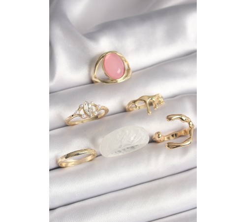 Pirinç Gold Renk Zirkon Taş Detaylı Pembe Mineli 6'Lı Kadın Yüzük Seti - TJ-BYK3619