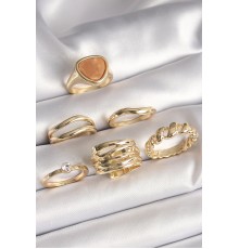 Pirinç Gold Renk Kahverengi Mineli Zirkon Taş Detaylı Sarmal Model 6'Lı Kadın Yüzük Seti - TJ-BYK3623