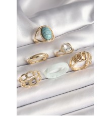 Pirinç Gold Renk Kare Zirkon Taşlı Sarmal Model Mavi Taş Detay 6'Lı Kadın Yüzük Seti - TJ-BYK3624