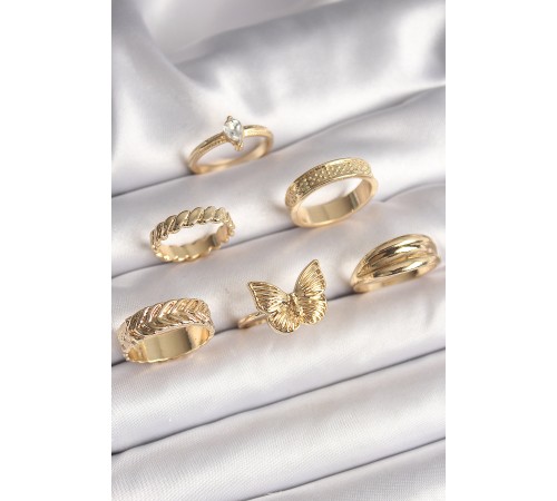 Pirinç Gold Renk Zirkon Taşlı İşleme Detaylı Figürlü 6'Lı Kadın Yüzük Seti - TJ-BYK3627