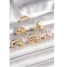 Pirinç Gold Renk Pembe Damla Mineli Sarmal İşleme Detaylı 6'Lı Kadın Yüzük Seti - TJ-BYK3628
