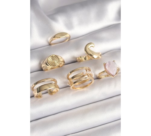 Pirinç Gold Renk Pembe Damla Mineli Sarmal İşleme Detaylı 6'Lı Kadın Yüzük Seti - TJ-BYK3628
