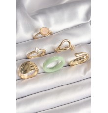 Pirinç Gold Renk Zirkon Taşlı Daire Pembe Mineli Detay 6'Lı Kadın Yüzük Seti - TJ-BYK3630