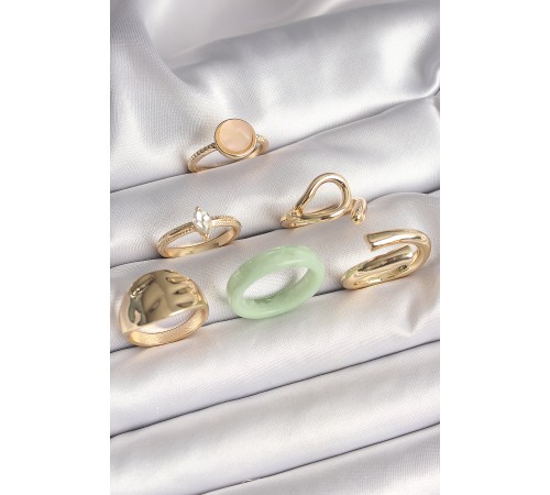 Pirinç Gold Renk Zirkon Taşlı Daire Pembe Mineli Detay 6'Lı Kadın Yüzük Seti - TJ-BYK3630