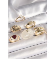 Pirinç Gold Renk Beyaz Mineli Detay Kahverengi Kalp Figür 6'Lı Kadın Yüzük Seti - TJ-BYK3631