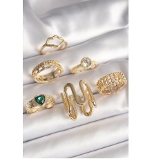 Pirinç Gold Renk Zirkon Taşlı İşleme Plaka Model Yeşil Kalp Detay 6'Lı Kadın Yüzük Seti - TJ-BYK3632