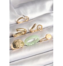 Pirinç Gold Renk Zirkon Taşlı İşleme Plaka Figürlü Beyaz Daire Mine Detaylı 6'Lı Kadın Yüzük Seti - TJ-BYK3633