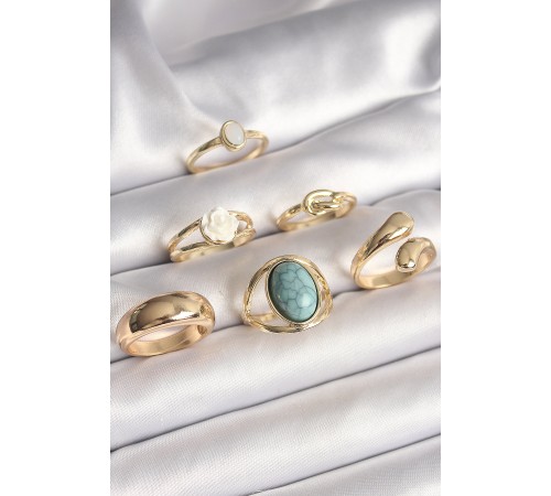 Pirinç Gold Renk Beyaz Gül Figürlü Düğüm Detay 6'Lı Kadın Yüzük Seti - TJ-BYK3634