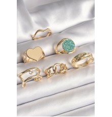 Pirinç Gold Renk Zirkon Taşlı Kalp Plaka Figür Mavi Simli Detay 6'Lı Kadın Yüzük Seti - TJ-BYK3637