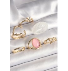 Pirinç Gold Renk Zirkonlı Oval Pembe Mineli 6'Lı Kadın Yüzük Seti - TJ-BYK3638