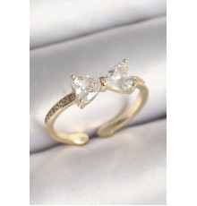 Pirinç Gold Renk Zirkon Taşlı Kalp Fiyonk Model Kadın Yüzük - TJ-BYK3640