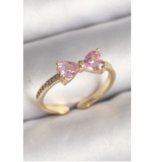 Pirinç Gold Renk Pembe Zirkon Taşlı Kalp Fiyonk Model Kadın Yüzük - TJ-BYK3641