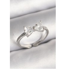 Pirinç Gümüş Renk Zirkon Taşlı Kalp Fiyonk Model Kadın Yüzük - TJ-BYK3642