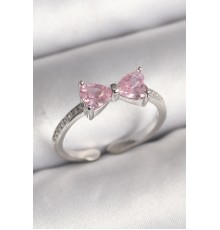 Pirinç Gümüş Renk Pembe Zirkon Taşlı Kalp Fiyonk Model Kadın Yüzük - TJ-BYK3643