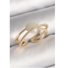 Pirinç Gold Renk Beyaz Kristal Kalp Model Zirkon Taş Detay Kadın Yüzük - TJ-BYK3644