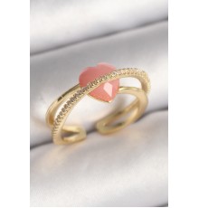 Pirinç Gold Renk Pembe Kristal Kalp Model Zirkon Taş Detaylı Kadın Yüzük - TJ-BYK3645