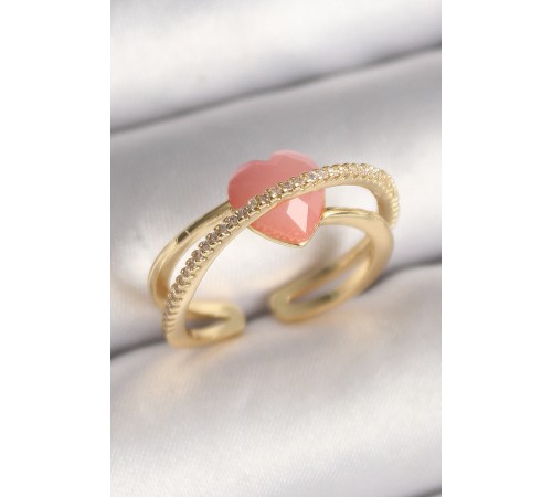 Pirinç Gold Renk Pembe Kristal Kalp Model Zirkon Taş Detaylı Kadın Yüzük - TJ-BYK3645