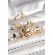 Pirinç Gold Renk Pembe Mineli Kalp Figür Yeşil Zirkon Taşlı 6'Lı Kadın Küpe Seti - TJ-BYK3636