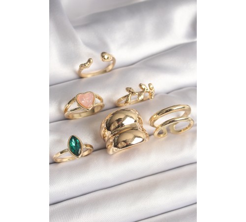 Pirinç Gold Renk Pembe Mineli Kalp Figür Yeşil Zirkon Taşlı 6'Lı Kadın Küpe Seti - TJ-BYK3636