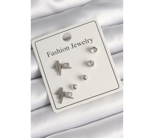 316L Gümüş Renk Kalp Ritim Model Zirkon Taşlı Topçuk Detay Kadın Küpe Seti - TJ-BKP10195