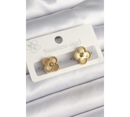 316L Çelik Gold Renk İşleme Detaylı Yonca Model Kadın Küpe - TJ-BKP10196