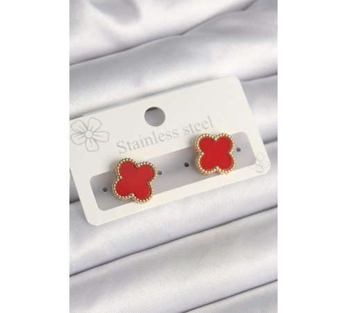 316L Çelik Gold Renk Kırmızı Yonca Model Kadın Küpe - TJ-BKP10198