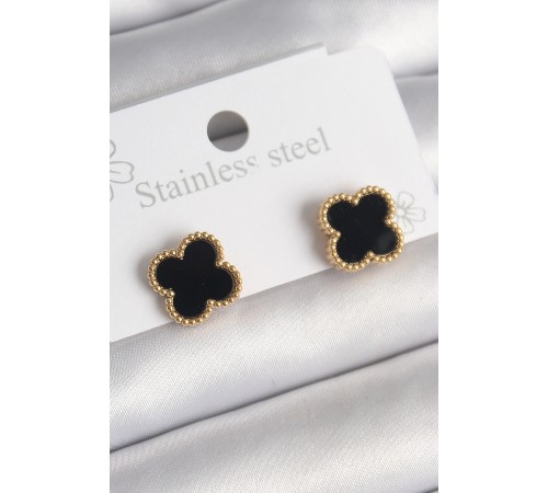 316L Çelik Gold Renk Siyah Yonca Model Kadın Küpe - TJ-BKP10199