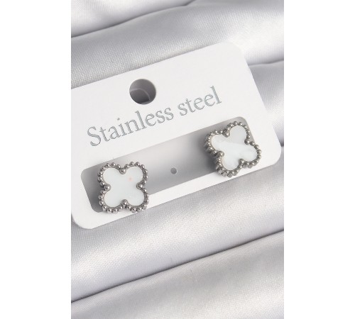 316L Çelik Gümüş Renk Beyaz Yonca Model Kadın Küpe - TJ-BKP10200