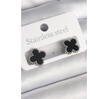 316L Çelik Gümüş Renk Siyah Yonca Model Kadın Küpe - TJ-BKP10201