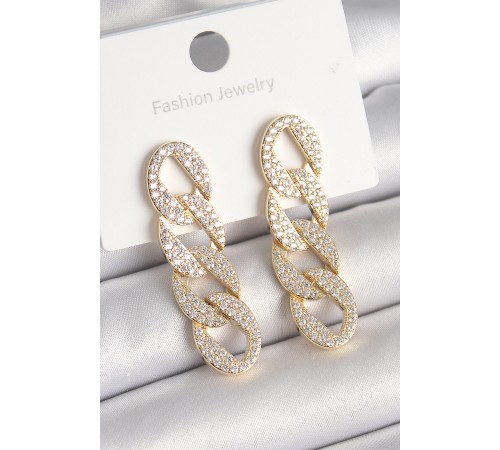 Pirinç Gold Renk Zirkon Taşlı Zincir Model Kadın Küpe - TJ-BKP10202