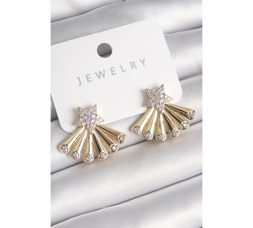 Pirinç Gold Renk Zirkon Taşlı Yıldız Yelpaze Model Kadın Küpe - TJ-BKP10204