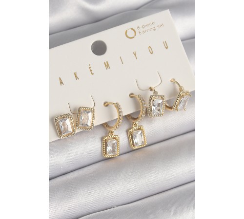 Pirinç Gold Renk Sallantı Kare Zirkon Taşlı VIP Seri Kadın Küpe Seti - TJ-BKP10214