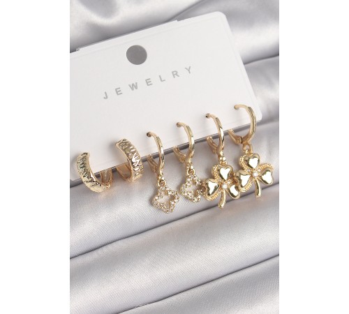 Pirinç Gold Renk Sallantı Zirkon Taşlı Yonca Model Kadın Küpe Seti - TJ-BKP10268