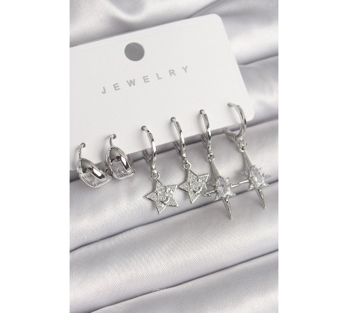 Pirinç Gümüş Renk Zirkon Taşlı Yıldız Model Kadın Küpe Seti - TJ-BKP10269