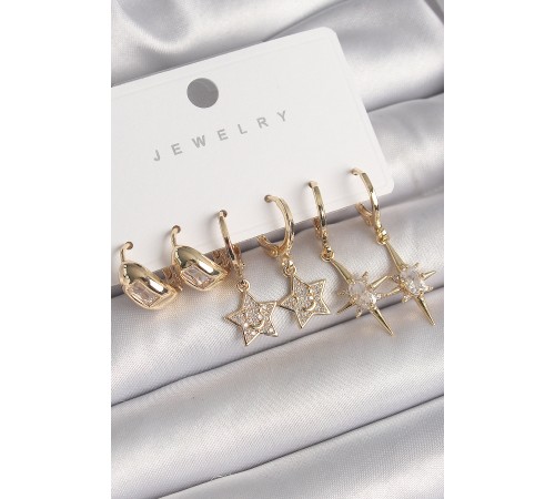 Pirinç Gold Renk Sallantı Zirkon Taşlı Yıldız Model Kadın Küpe Seti - TJ-BKP10270