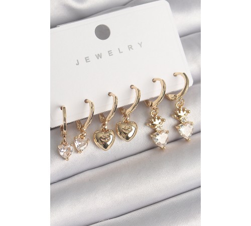 Pirinç Gold Renk Sallantı Zirkon Taşlı Kalp Model Taç Detay Kadın Küpe Seti - TJ-BKP10276
