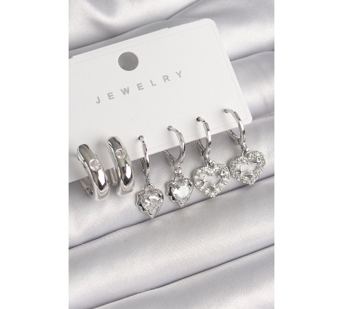 Pirinç Gümüş Renk Sallantı Zirkon Taşlı Kalp Model Halka Detay Kadın Küpe Seti - TJ-BKP10281