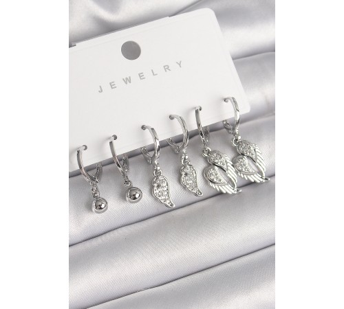 Pirinç Gümüş Renk Sallantı Zirkon Taşlı Kanat Model Topçuk Detay Kadın Küpe Seti - TJ-BKP10285