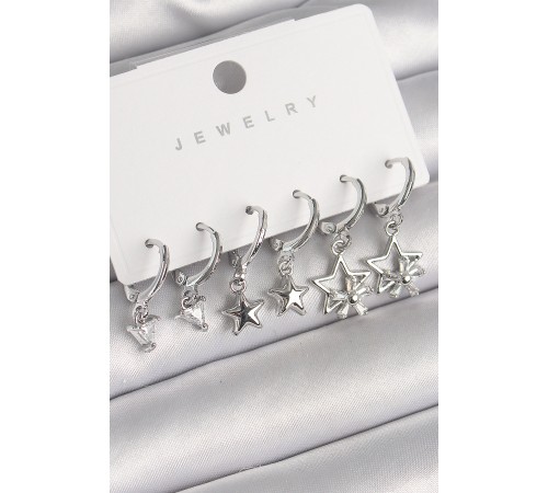 Pirinç Gümüş Renk Sallantı Zirkon Taşlı Yıldız Model Üçgen Detay Kadın Küpe Seti - TJ-BKP10289