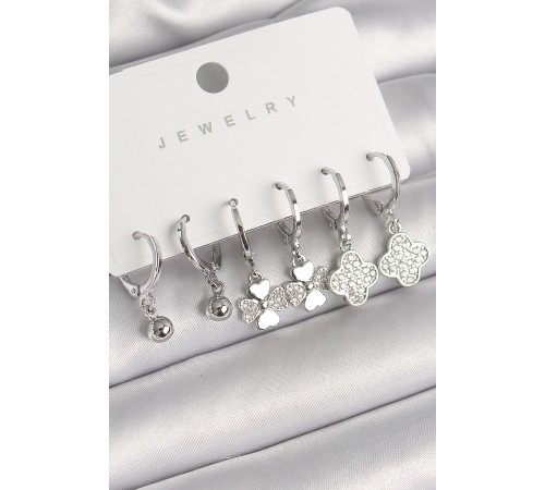 Pirinç Gümüş Renk Sallantı Zirkon Taşlı Yonca Model Topçuk Detay Kadın Küpe Seti - TJ-BKP10293