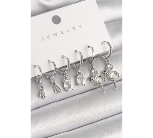 Pirinç Gümüş Renk Sallantı Zirkon Taşlı Yılan Model Kadın Küpe Seti - TJ-BKP10295