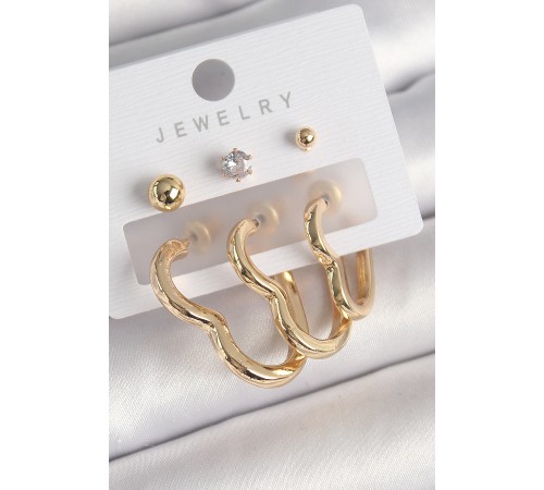 Pirinç Gold Renk Kalp Model Zirkon Taşlı Topçuk Detay Kadın Küpe Seti - TJ-BKP10308