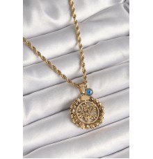 316L Çelik Gold Renk Burgu Zincir Dorika Yaşam Ağacı Figür Nazar Boncuk Detay Kadın Kolye - TJ-BKO9874