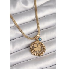 316L Çelik Gold Renk İtalyan Zincir Dorika Yonca Model Nazar Boncuk Detay Kadın Kolye - TJ-BKO9875