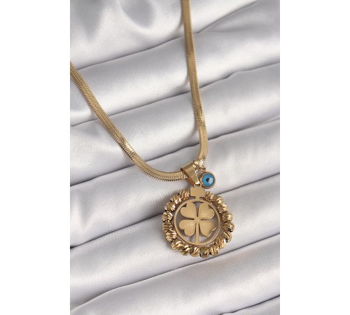 316L Çelik Gold Renk İtalyan Zincir Dorika Yonca Model Nazar Boncuk Detay Kadın Kolye - TJ-BKO9875