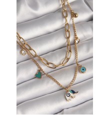 316L Çelik Gold Renk 2'Li Zincir Model Fil Figür Zirkon Taş Detay Nazar Boncuk Detay Kadın Kolye - TJ-BKO9877