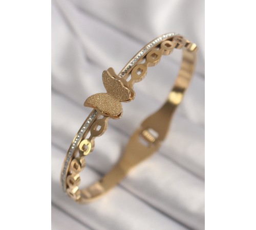 316L Çelik Gold Renk Zirkon Taş Detaylı Simli Model Kadın Kelepçe - TJ-BB6777