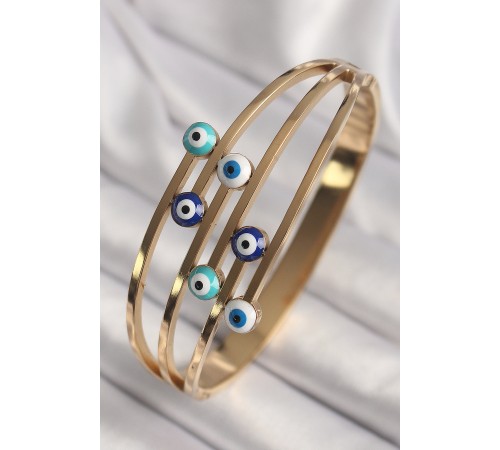 316L Çelik Gold Renk Nazar Boncuklu Kaburga Model Kadın Kelepçe - TJ-BB6778