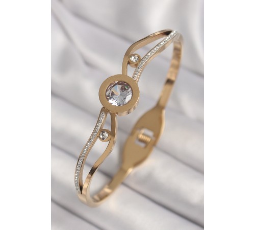 316L Çelik Gold Renk Dalgalı Zirkon Taşlı Kadın Kelepçe - TJ-BB6780